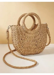 1pc Straw Bag With Faux Flower Half Moon Shaped Women Handbag Woven Crossbody Small Bag Beach Bag