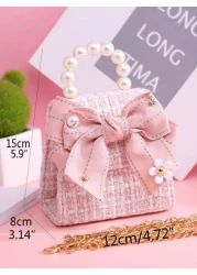 1pc Girls Cute Oversized Fabric Bow Letter Pearl Rhinestone Decor PU Flap Closure Metal Chain Casual Shoulder Bag Suitable For Holiday Daily Use