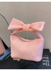 1pc New Japanese Style Big Bow Handbag Casual And Simple Zipper Design Pu Material High End Solid Color Matching Suitable For School And Travel Can Easily Accommodate Daily Necessities Versatile Items