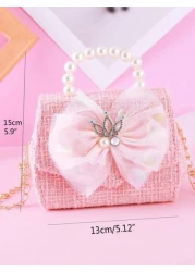 1pc Girls Cute Bow Crystal Crown Decor Chain Shoulder Crossbody Bag PU Material Flap Closure Casual Fashion Pearl Handbag Princess Bag Suitable For Festivals Daily Use