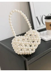 1pc Girls Heart Shaped Handbag With Faux Pearl Decoration Handmade Beaded Accents Open Top Design Suitable For Festival Gift Or Spring Summer Daily Dressing Matching