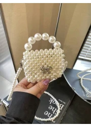 1pc Fashionable Solid Color Bow Pearl Mini Handbag Niche Design Shoulder Messenger Bag Casual Sweet Hollow Mini Change Lipstick Bag Suitable For Teenagers To Travel Shopping Party Date And Daily Use I