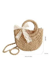 1pc Girls Beach Style Handbag Casual One Shoulder Crossbody Drawstring Top Tote Handmade Woven Butterfly Decor Straw Bag