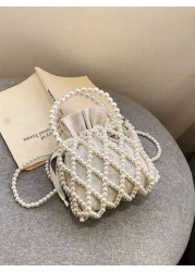 1PC French Retro Fairy Bag Woven Beaded Bucket Bag Hand Held Crossbody Bag Early Spring Pearl Bag Niche Design Hollow Pearl Bag Perfect Gift For Girls Suitable For Daily Use Random Style