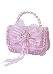 1pc Kids Bow Knot Crown Decor Handbag Pearl Accent Tassel Pouch For School Work Travel