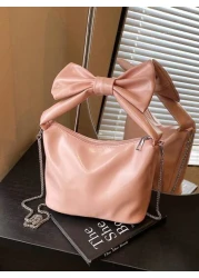 1pc Pu Sweet And Cute Princess Style Bow Solid Color Handbag Korean French Exquisite Aesthetic Niche Design Comfortable Chain Shoulder Messenger Bag Versatile Casual Highly Attractive Bag Suitable For