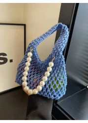 1pc Handbag Open Top Opening And Closing Niche Pearl Hollow Design Bag For Girl New Summer Fashion Braided Small Bag Casual And Versatile Beach Bag Suitable For Daily Outings And Vacations A Perfect G