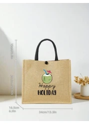 1 Pc Simple Linen Summer Element Print Tote Bag For Big Children Large Capacity Travel Bag Square Bag Gift Bag Shopping Bag Portable Button Closure Handbag For Daily Class And Back To School Shopping