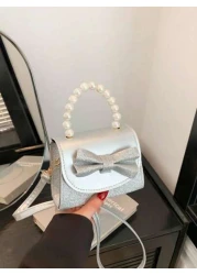 1pc Pu Magnet Closure Fashion Sweet Cute Bow Pearl Handbag Fashion Chain Shoulder Crossbody Evening Bag Niche Design Comfortable Shoulder Strap Versatile And Not Picky Suitable For Dinner Outing Play