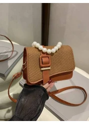 1pc Pu Fashion Splicing Pearl Chain Handbag Korean Princess Fashion Small Square Bag Flip Magnetic Buckle Closure Strap Decoration Niche Design Suitable For Daily Use When Shopping Sweet And Literary