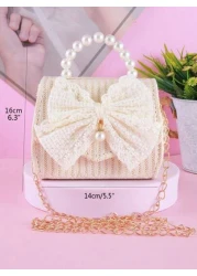 1pc Girls Pearl Decorated Bow Accent Straw PU Material Flap Closure Fashionable Pearl Handle Crossbody Bag Princess Handbag Accessory Suitable For Summer Everyday And Festive Use