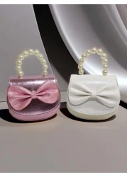 Children s Fashionable Pearl Handbag Holiday Gift PU Leather Butterfly Decor Round Pouch Stylish Princess Mini Purse For Girls