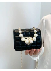 1pc Cute Sweet Messenger Bag Korean Style Fashion Coin Purse Solid Color Casual Pu Texture Small Square Bag Handbag Pearl Handle Chain Shoulder Strap Lock Buckle Fashion Chain Messenger Bag Fashion Pr