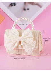 1pc Mini Kids Crossbody Bag Beige Woven Bag With Hanging Beads Bowknot Decor Metal Chain And Buckle Closure With Pearl Handle Suitable For Girls Casual Use Festivals And Daily Life