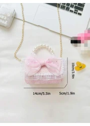 1 Pc Mini Fashion Shiny Young Children Pearl Handbag Chain Crossbody Bag Flip Bag Samll Square Bag Kawaii Princess Bag Toddler Coin Purse Cute Candy Storage Bag Portable Light Sweet Big Lace Bow Sequi