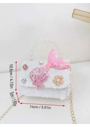 1pc Handbag Lace Flower Beaded Bag PU Sequin Mini Bag Girls Shoulder Bag Cute Fish Decor Pouch Accessory Snap Closure Coin Purse Suitable For Kids Travel Shopping Fashion Outfit Coin Purse Storage