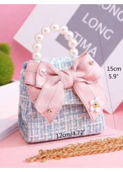 1pc Mini Girls Large Fabric Bow Letter Pearl Rhinestone Decor PU Flap Closure Metallic Chain Strap Casual Cute Pearl Handbag Children s Princess Crossbody Bag For Outings Suitable For Holidays And Dai