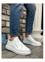 BESKAR حذاء كاجوال رجالي أبيض ذو نعل سميك وشريط مزدوج - مريح لتقويم العظام