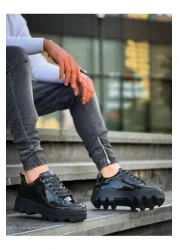 Bukond Black Patent Leather Black High Sole Casual Sports Shoes