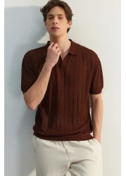  Collection Brown Polo Neck Knitwear T-Shirt - Regular Fit, Cotton, Short Sleeve - Tmnss23Po00024