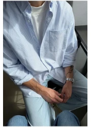 King Brothers قميص رجالي قطني مخطط باللون الأزرق بأكمام طويلة - مع جيوب