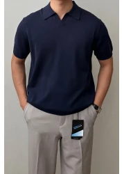 Tarz Cool Men's Navy Blue Placket Short Sleeve Polo Neck Knitwear T-Shirt