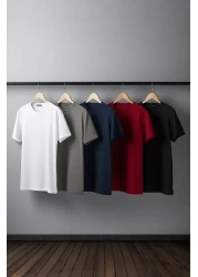  Collection Multicolor Slim/Narrow Cut 5-Pack Basic 100% Cotton Tough Fabric T-Shirt Tmnaw20Ts0243
