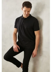 AC&Co / Altınyıldız Classics Men's Slim Fit Jet Black Polo Collar T-shirt - Non-Shrinkable Cotton Fabric