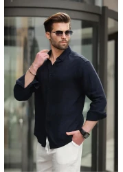 Madmext Navy Blue Basic 100% Cotton Long Sleeve Men's Shirt E6761