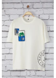  Collection Ecru Oversize/Wide Cut Tropical Printed 100% Cotton T-Shirt Tmnss25Ts00219