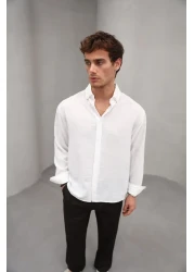Bürke Summer Linen Textured Long Sleeve White Men's Shirt