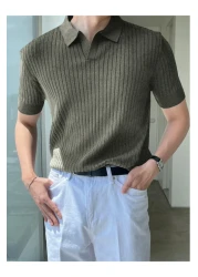 Tarz Cool Khaki Men's Ribbed Polo Collar Knitwear T-Shirt