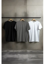  Collection Black-Anthracite Melange-White Slim Fit Crew Neck 100% Cotton 3-Pack T-Shirt - TMNSS19BO0007