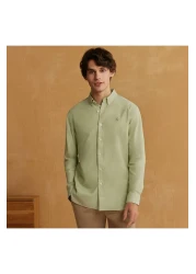 Giordano Men's Cotton Oxford Shirt - Small Lion Embroidery, Slim Fit, Full Button