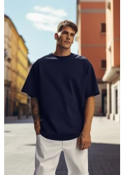  Collection Navy Blue Oversize Crew Neck 100% Cotton T-Shirt - TMNSS22TS0318