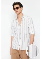 Collection Beige Slim Fit Buttoned Collar Thin Striped Shirt