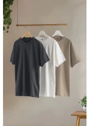 Collection Stone-Ecru-Anthracite Slim/Narrow Cut Crew Neck Basic 100% Cotton 3 Pack T-Shirts Tmnss19Bo0007
