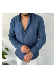 tetramoda Linen Shirt - Navy Blue Crinkle Design