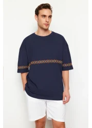  Collection Navy Blue Oversize Embroidered Cotton T-Shirt - TMNSS21TS1889