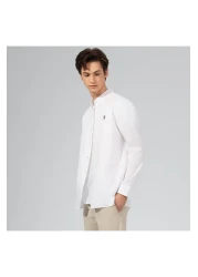 Giordano Men's Cotton Oxford Shirt - Small Lion Embroidery, Slim Fit, Full Button