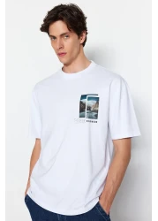  Collection White Oversize/Wide Cut Short Sleeve Landscape Printed 100% Cotton T-Shirt Tmnss23Ts00242