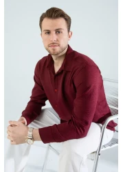 YXC Oversize Long Sleeve Easy Ironing Sweat Absorbing Breathable 4 Season Relaxed Fit Men's Linen Shirt Claret Red