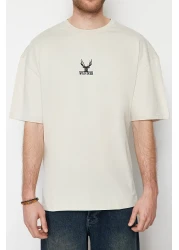  Collection Oversize Stone Color Deer Embroidered Cotton T-Shirt - TMNSS24TS00055