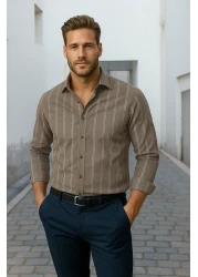  Collection Beige Slim Fit Button Collar Thin Striped Shirt Tmnss20Go0092