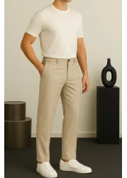 Ser Joven Men's Beige Slim Fit Fabric Trousers