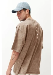  Collection Brown Oversize/Wide Cut Faded Effect Text Printed 100% Cotton T-Shirt Tmnss23Ts00166