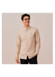 Giordano Men's Cotton Oxford Shirt - Small Lion Embroidery, Slim Fit, Full Button