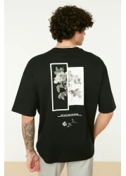  Collection Black Oversize/Wide Cut Crew Neck Back Printed 100% Cotton Short Sleeve T-Shirt Tmnss21Ts1223