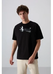 Tommy Life تي شيرت رجالي من القطن الأسود السميك الناعم المطبوع مقاس كبير - 88344