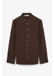 GRIMELANGE Perttu Men's 100% Cotton Slim Fit Slim Fit Buttoned Collar Linen Look Flared Bitter Brown Shirt